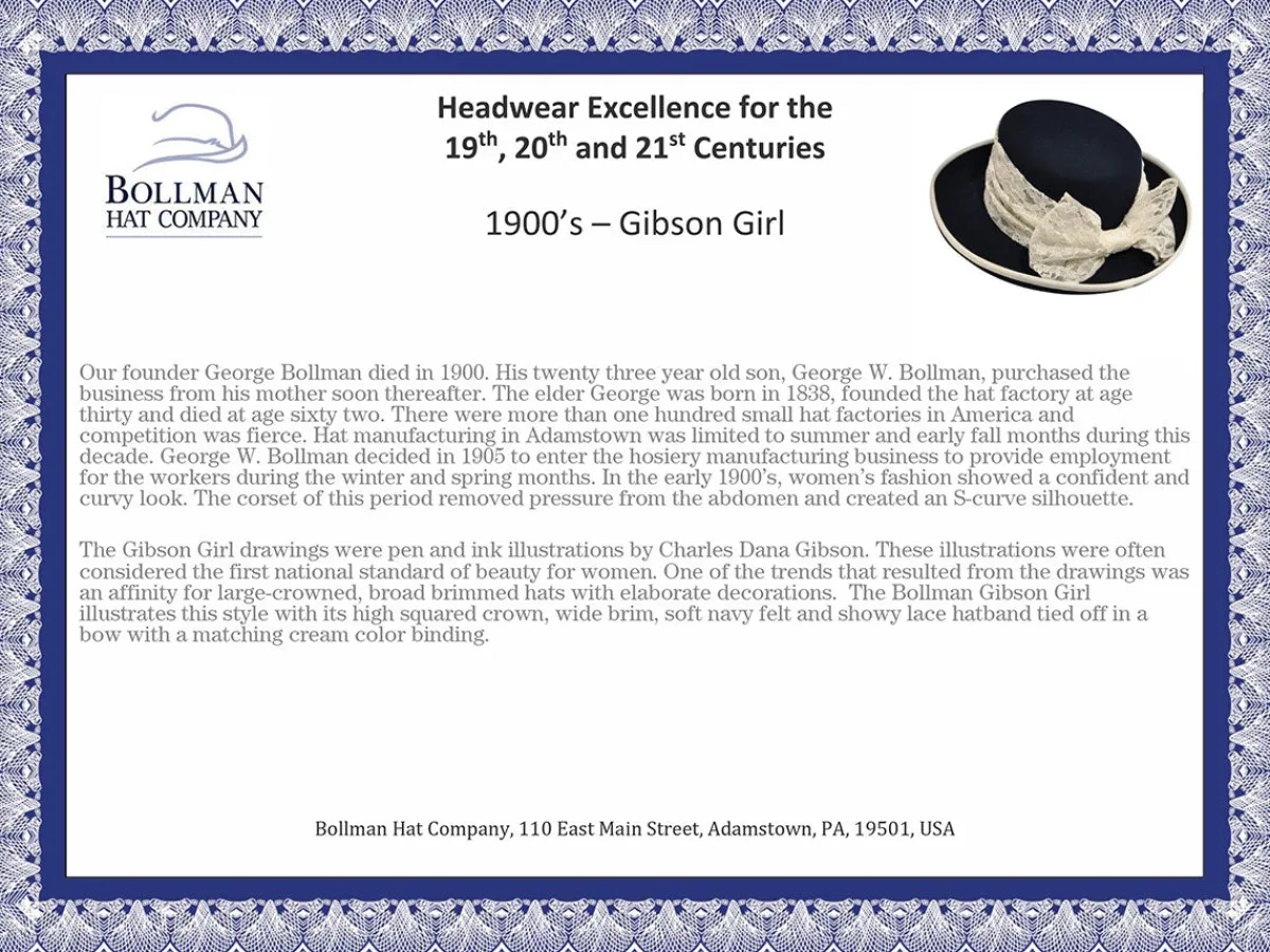 1900s Bollman Heritage Collection Gibson Girl-Bollman Hat Company Clearance